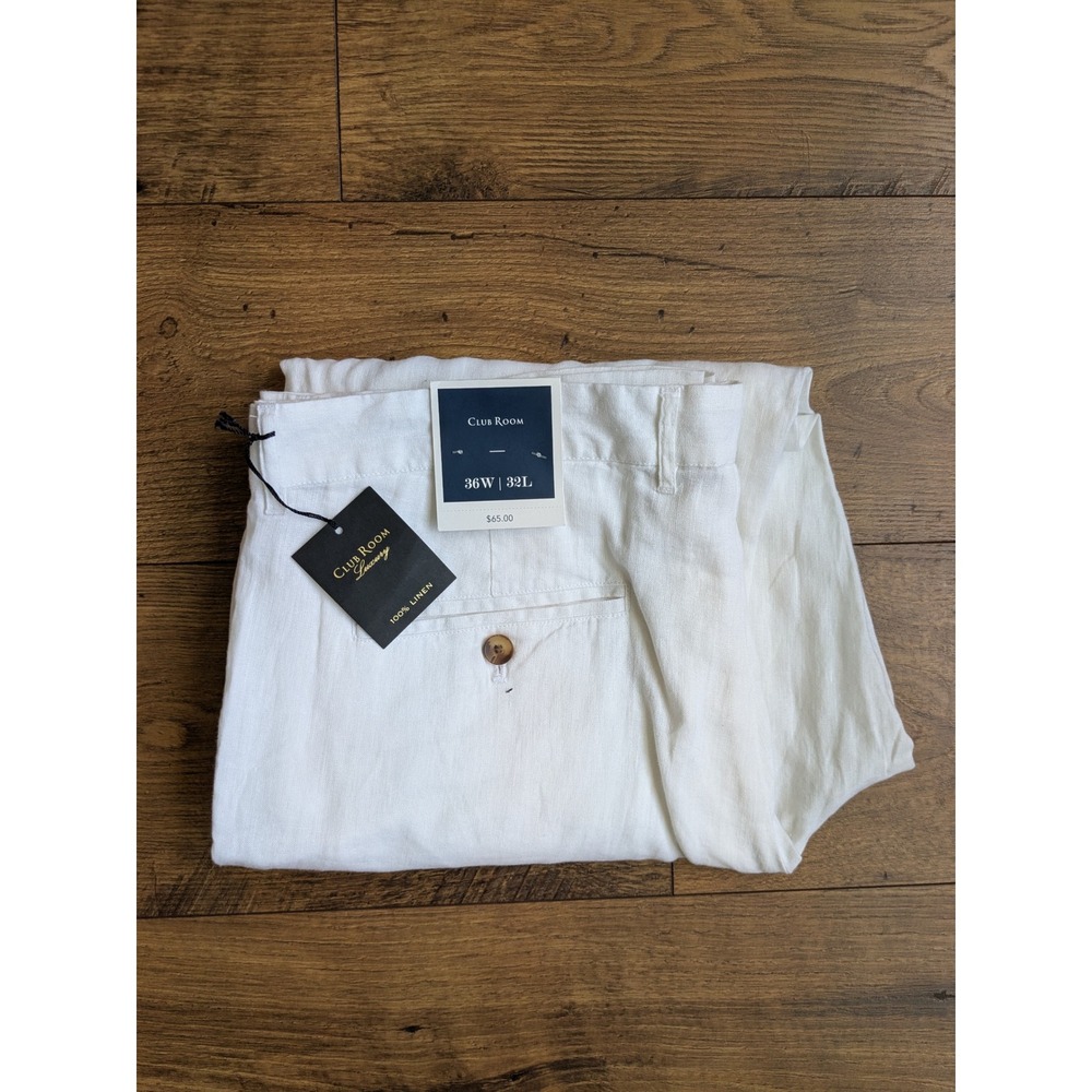 Club Room Luxury Mens White 100% Linen Pants 36W 32L (Fits 38x31) New With Tags